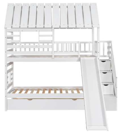 Twin over Twin House Bunk Bed with Trundle and Slide, Storage Staircase, Roof and Window Design, White ,Construction3