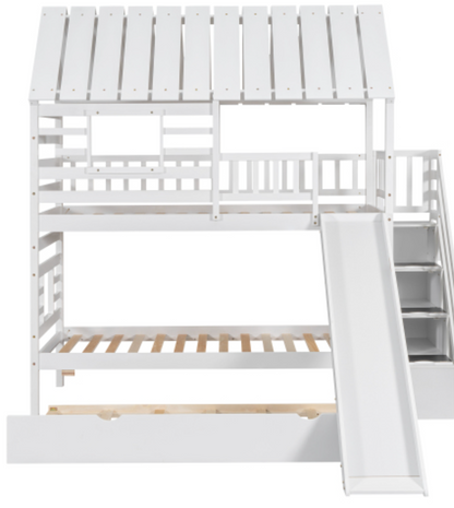 Twin over Twin House Bunk Bed with Trundle and Slide, Storage Staircase, Roof and Window Design, White ,Front Slide View
