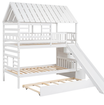 Twin over Twin House Bunk Bed with Trundle and Slide, Storage Staircase, Roof and Window Design, White Full View
