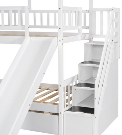 Twin over Twin House Bunk Bed with Trundle and Slide, Storage Staircase, Roof and Window Design, White , Step View