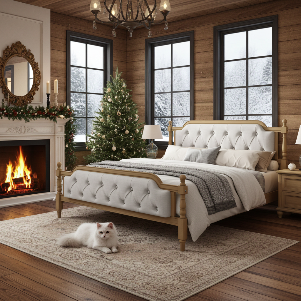 Cozy bedroom with wooden bed, fireplace, and Christmas tree