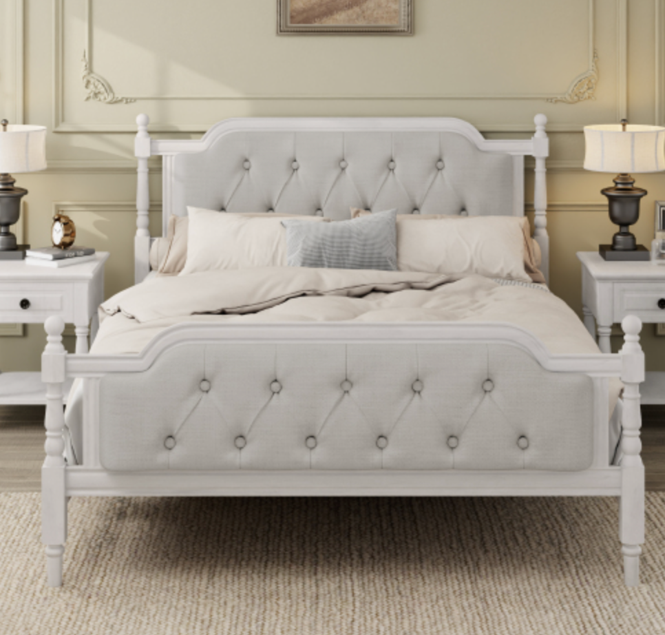 "Versailles Haven" Wooden Carved Upholstered Bed Frame Front View
