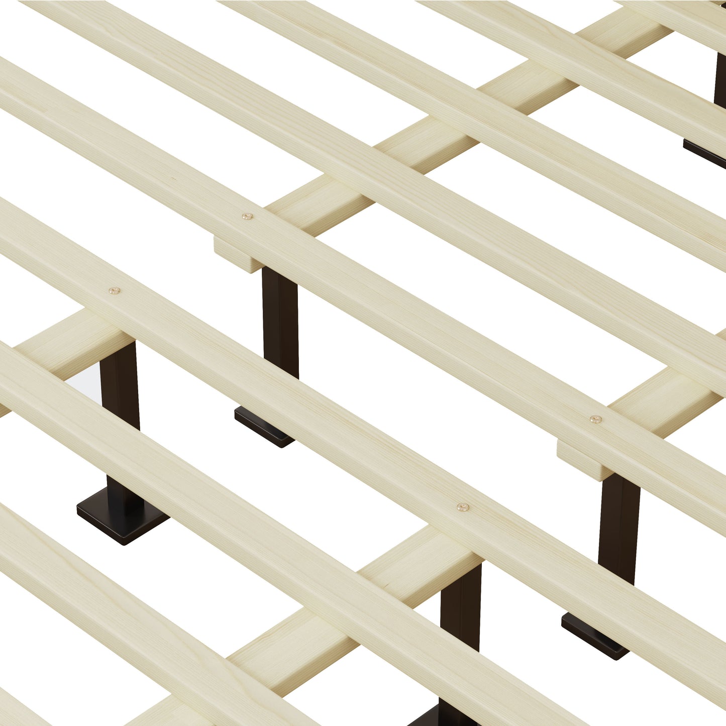Wooden lattice structure with black supports on a white background