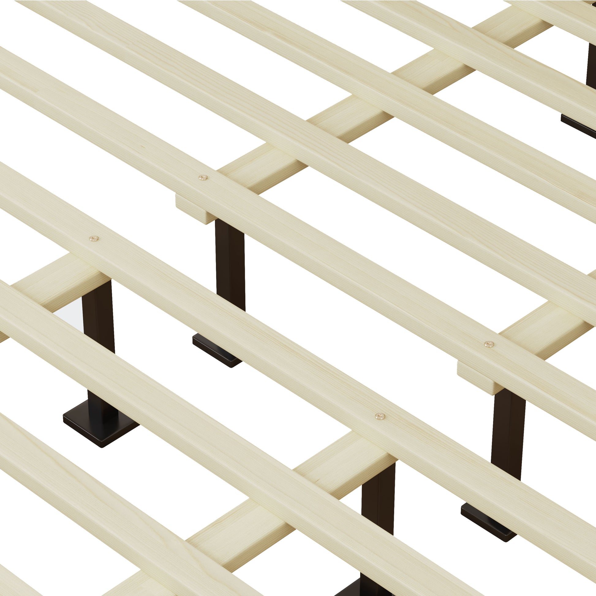 Wooden lattice structure with black supports on a white background