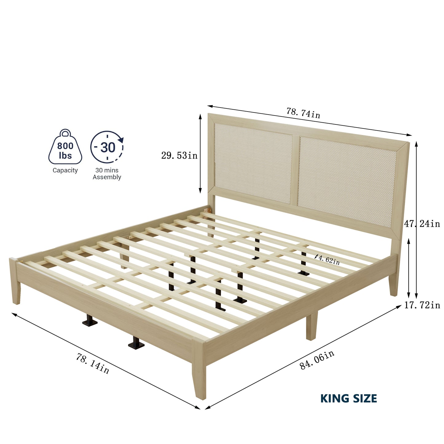 King size bed frame with dimensions and weight capacity on a white background
