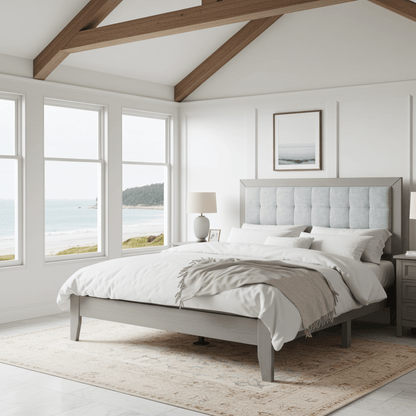 ampton Gray Solid Wood Platform Upholstered Headboard King Bed - Bunk and Bed Co.