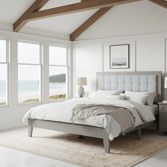 ampton Gray Solid Wood Platform Upholstered Headboard King Bed - Bunk and Bed Co.