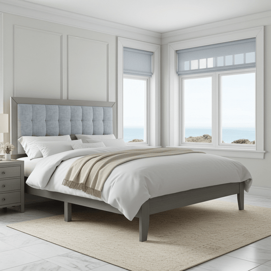 ampton Gray Solid Wood Platform Upholstered Headboard King Bed - Bunk and Bed Co.