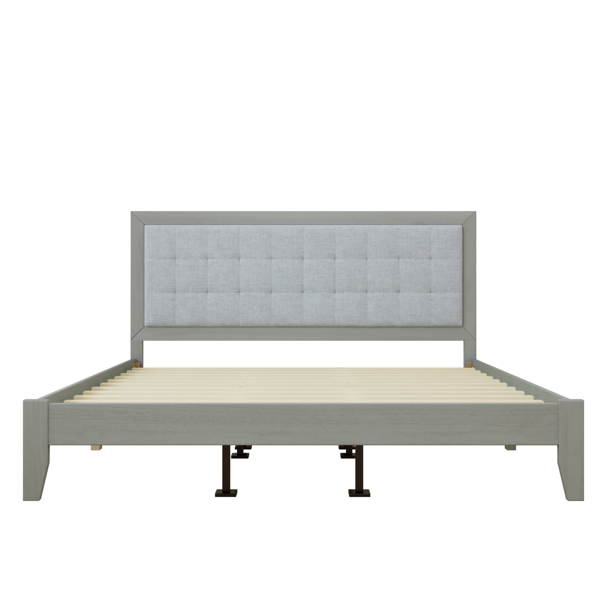 ampton Gray Solid Wood Platform Upholstered Headboard King Bed - Bunk and Bed Co.