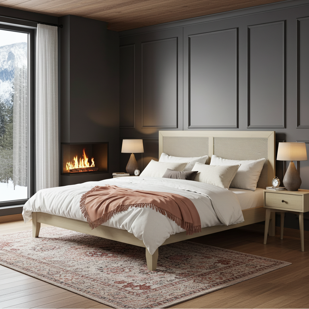 Modern bedroom with a bed, fireplace, and large windows.