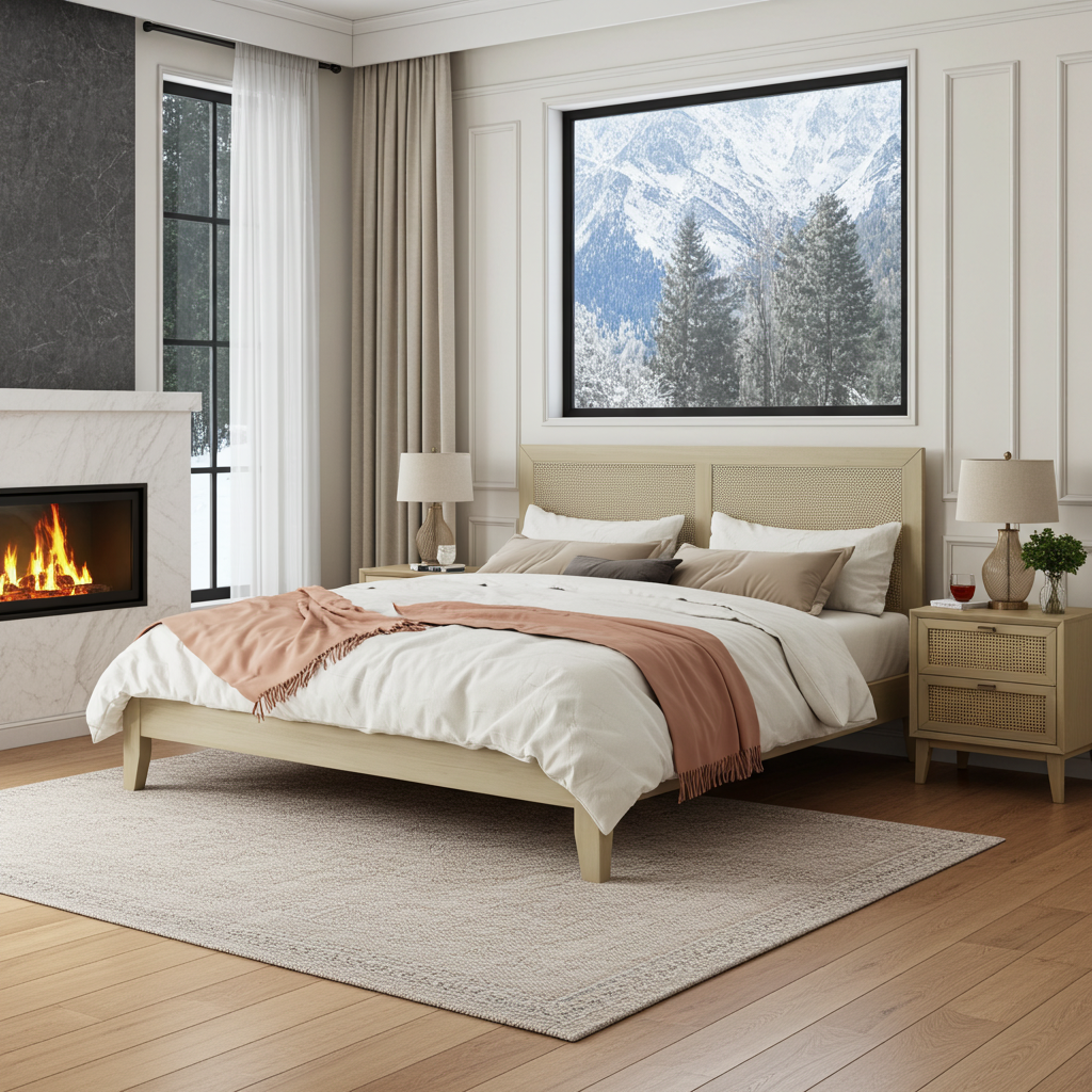 Modern bedroom with a bed, fireplace, and mountain view