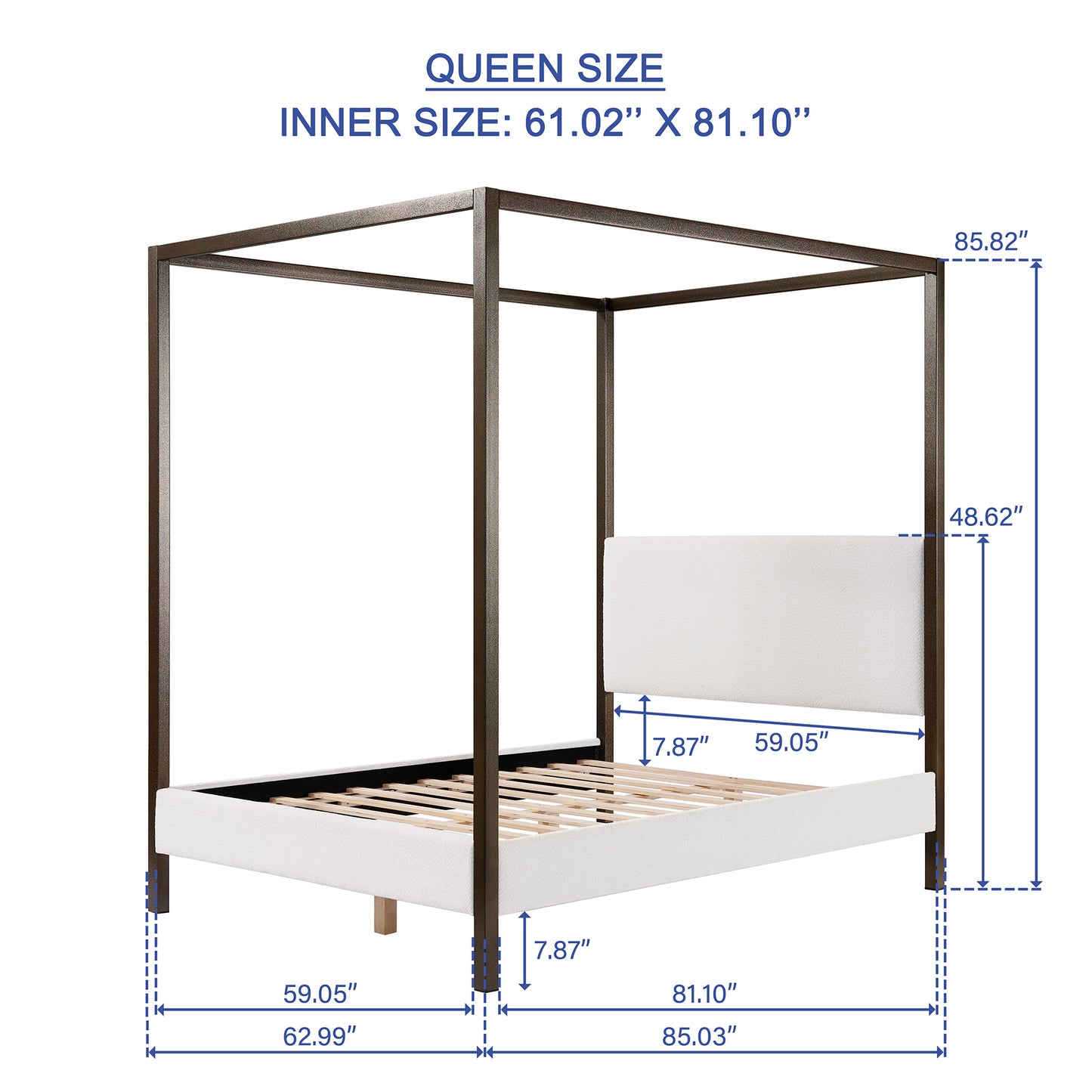 Queen size canopy bed with dimensions labeled on a white background