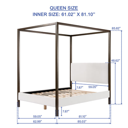 Queen size canopy bed with dimensions labeled on a white background