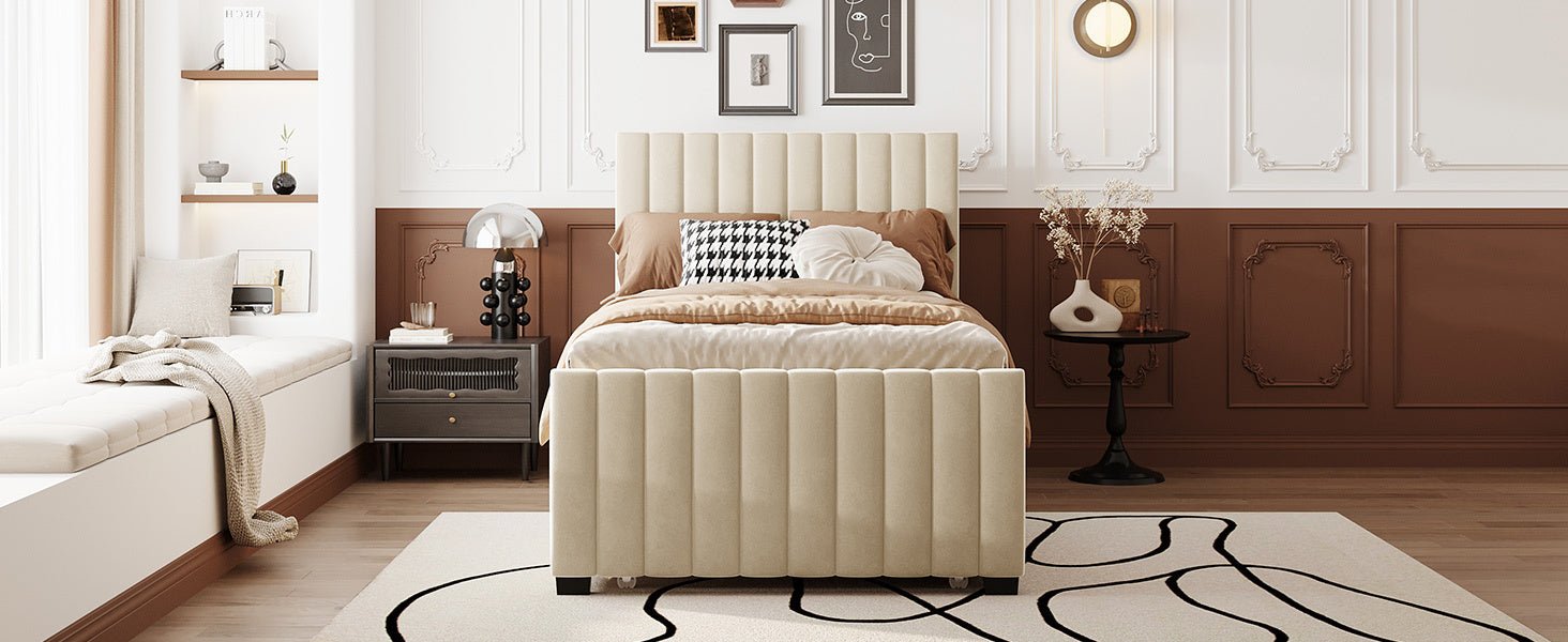 Beige Velvet Twin Platform Bed with Trundle - Bunk and Bed Co.
