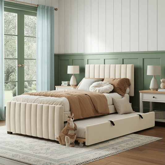 Beige Velvet Twin Platform Bed with Trundle - Bunk and Bed Co.