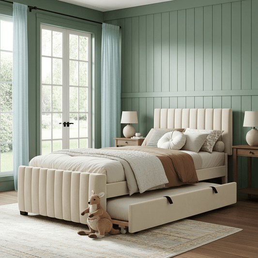Beige Velvet Twin Platform Bed with Trundle - Bunk and Bed Co.