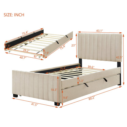 Beige Velvet Twin Platform Bed with Trundle - Bunk and Bed Co.