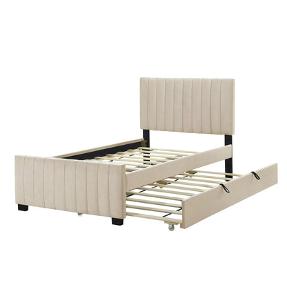 Beige Velvet Twin Platform Bed with Trundle - Bunk and Bed Co.