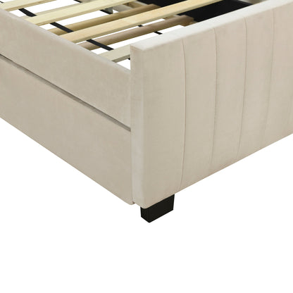 Beige Velvet Twin Platform Bed with Trundle - Bunk and Bed Co.