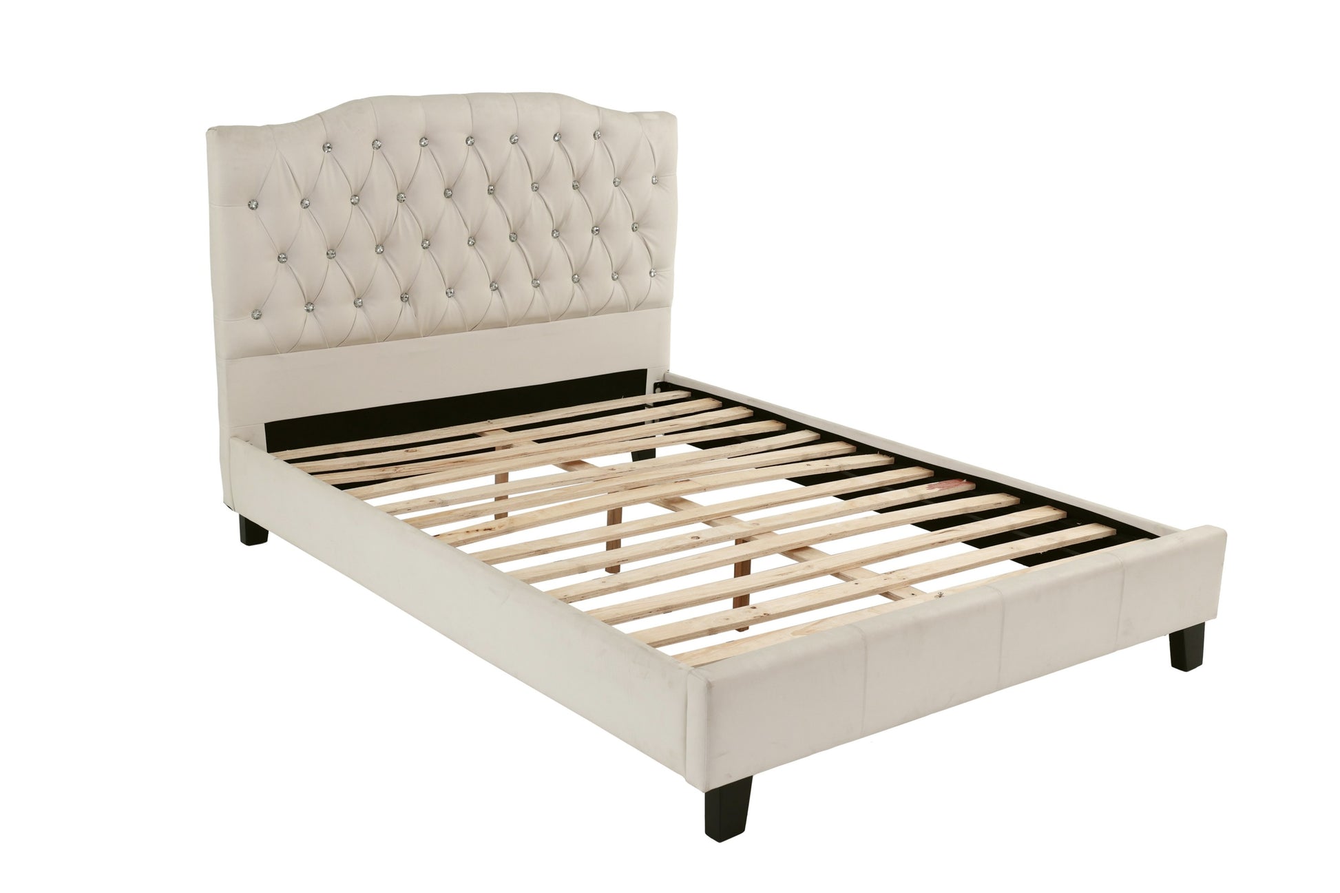 Beige upholstered bed frame with wooden slats on a white background