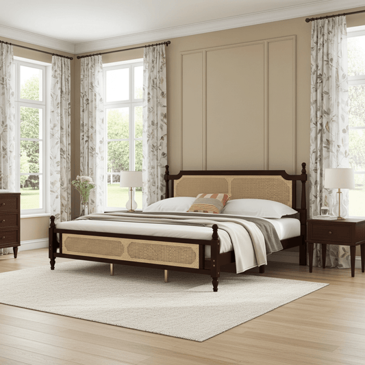 Carolina Rattan King Bed - Espresso Coastal Vintage Style - Bunk and Bed Co.