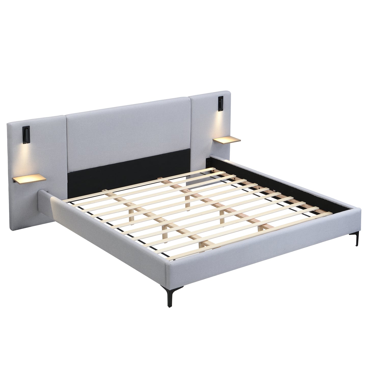 Modern bed with white headboard and black frame on a white background