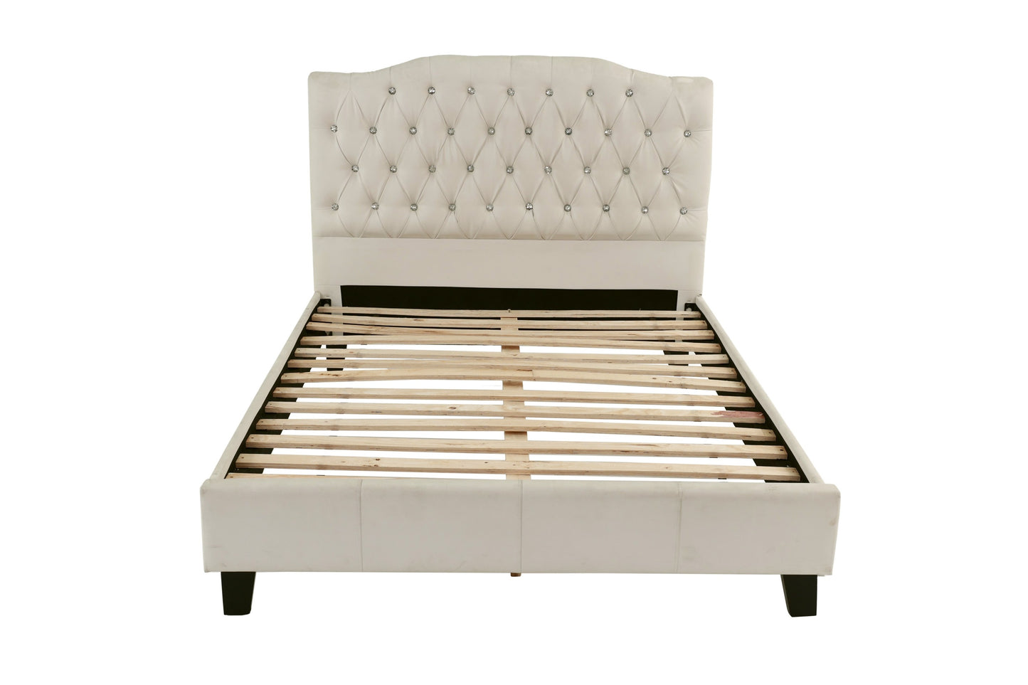 Beige upholstered bed with wooden slats on a white background