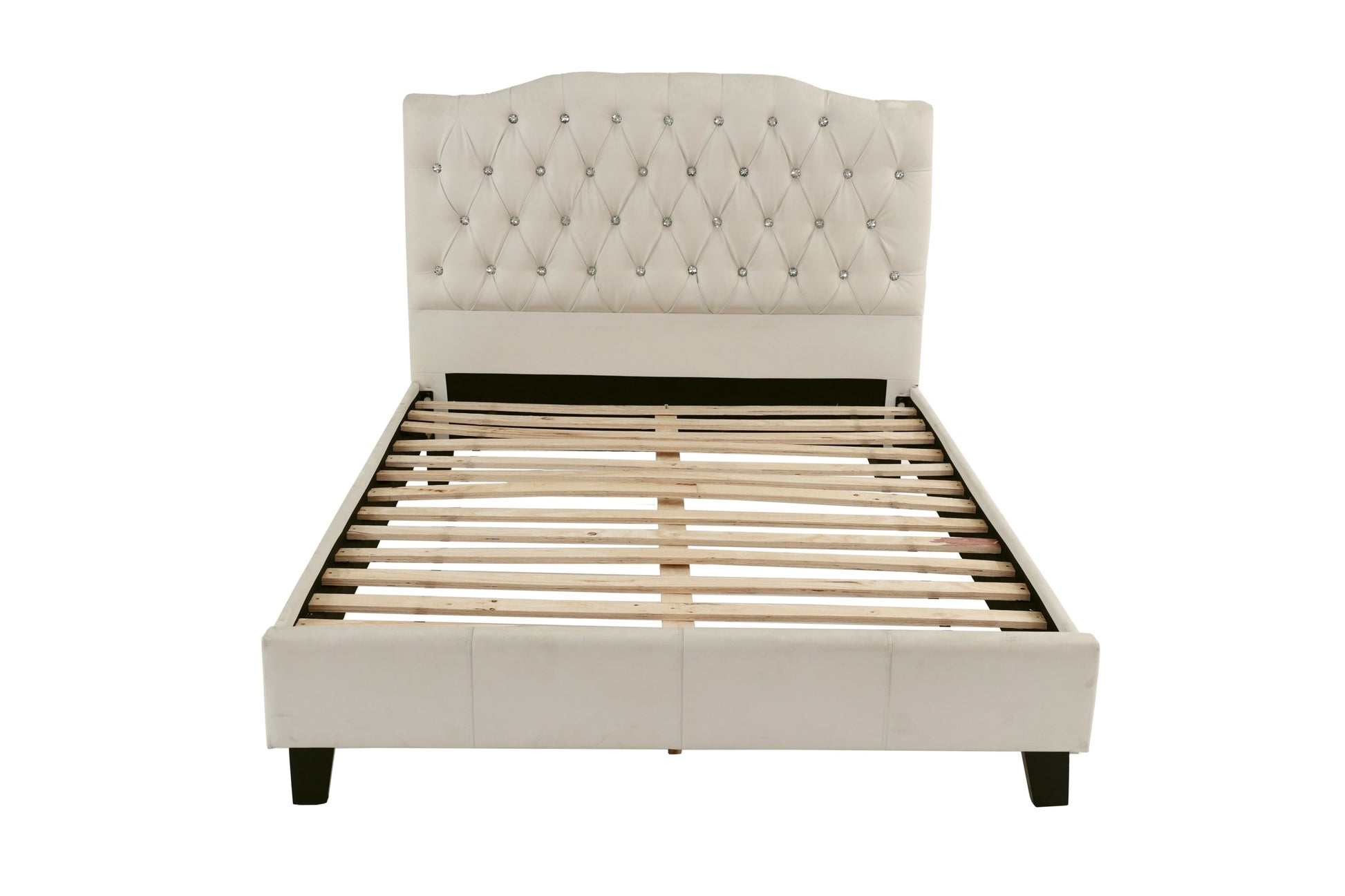 Beige upholstered bed with wooden slats on a white background