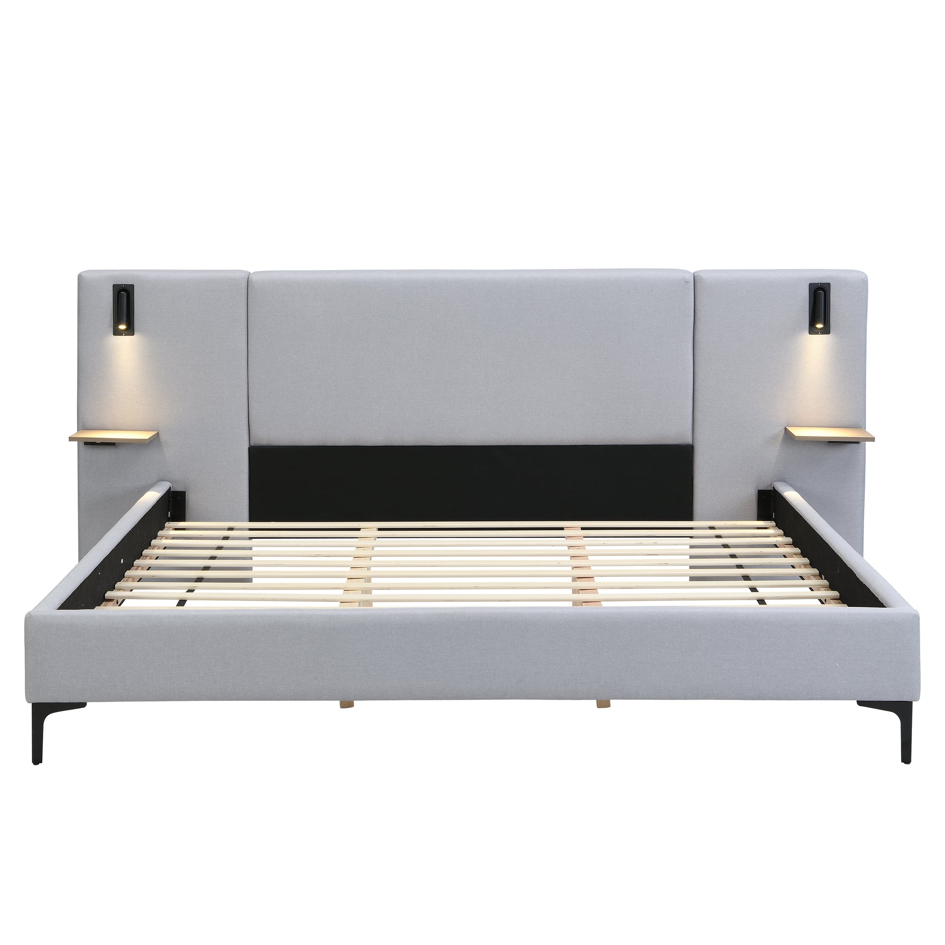 Gray upholstered bed with black frame and lights on a white background
