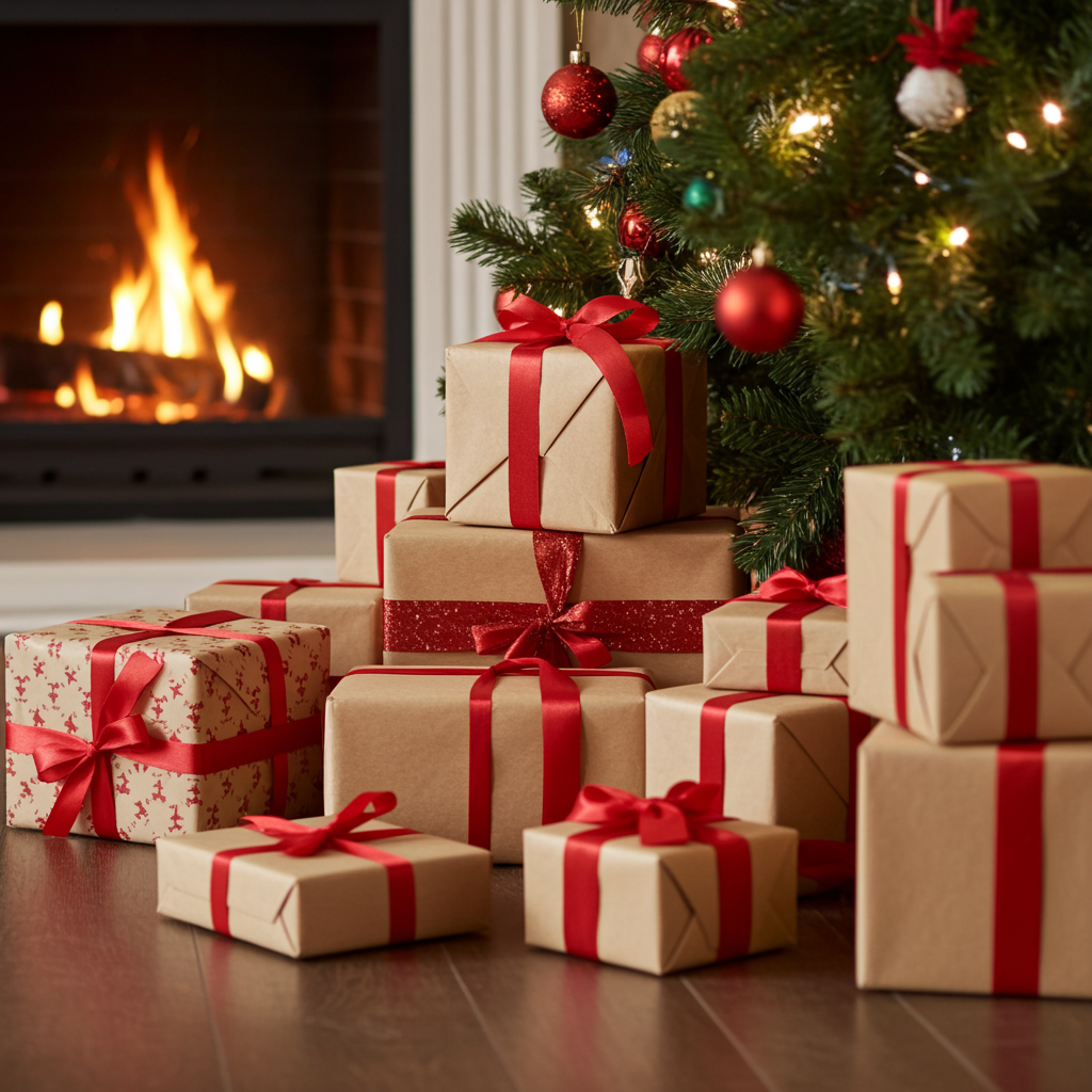 Stack of Christmas presents with red ribbons in front of a decorated tree and fireplace.