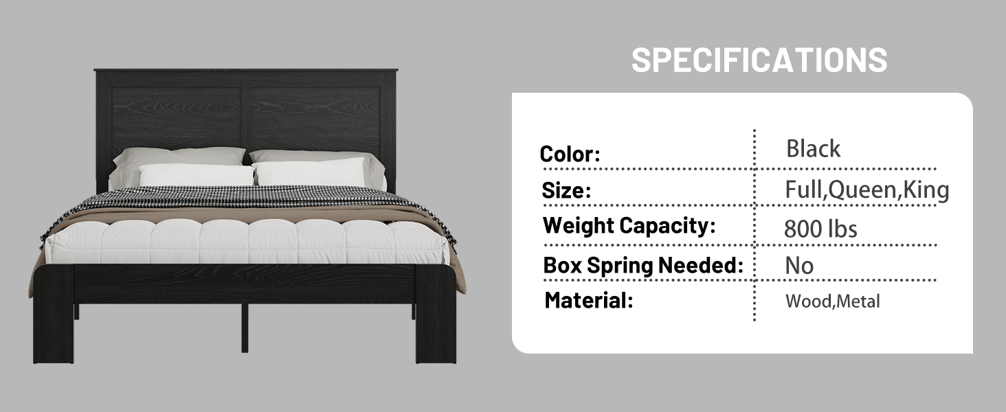 Wooden bed frame with bedding on a gray background and specifications displayed.