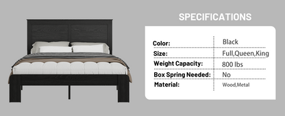 Wooden bed frame with bedding on a gray background and specifications displayed.