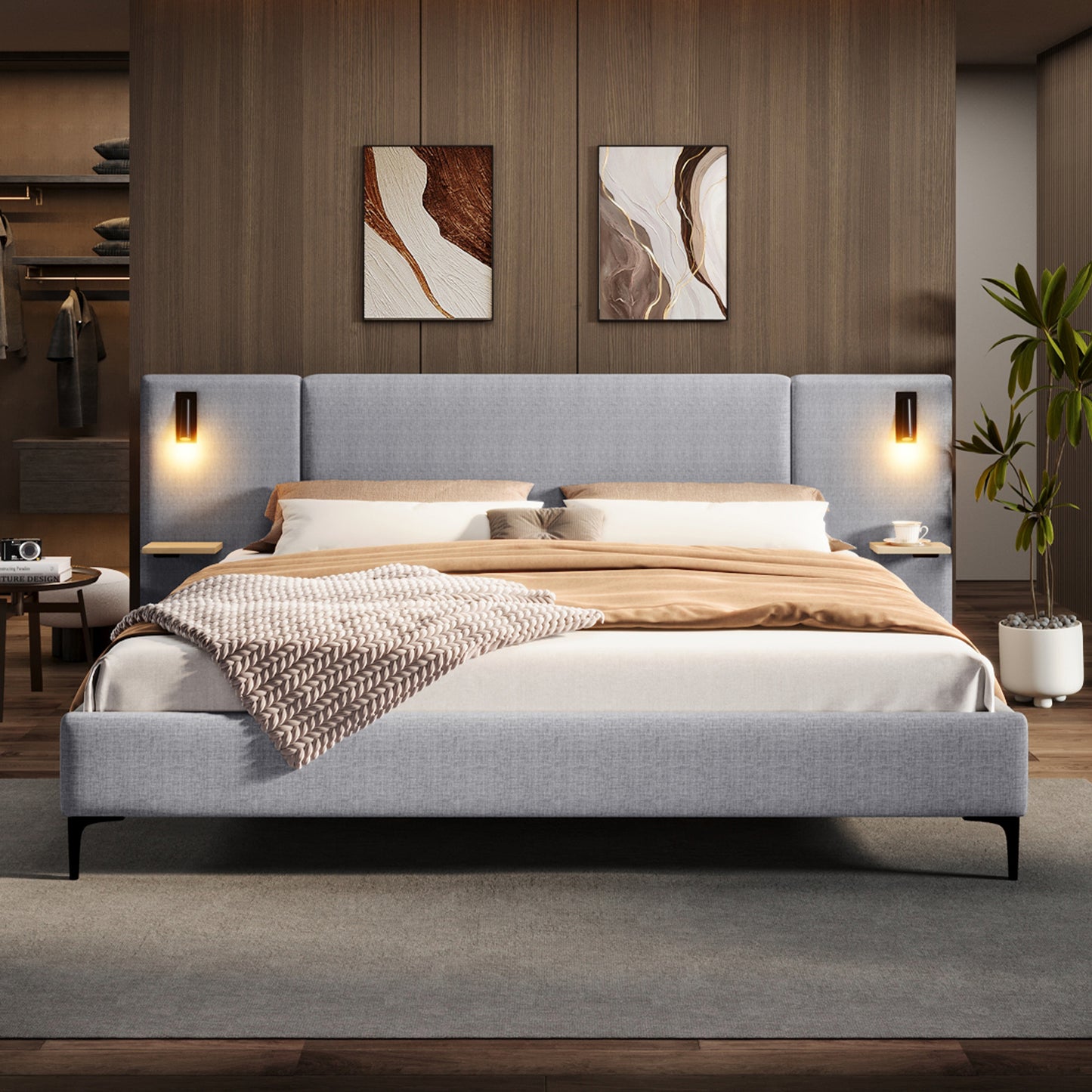 Gray upholstered bed in a modern bedroom with wooden walls and decor.