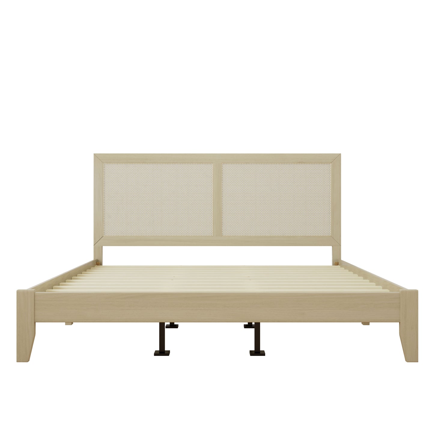 Beige metal bed frame with mesh headboard on a white background