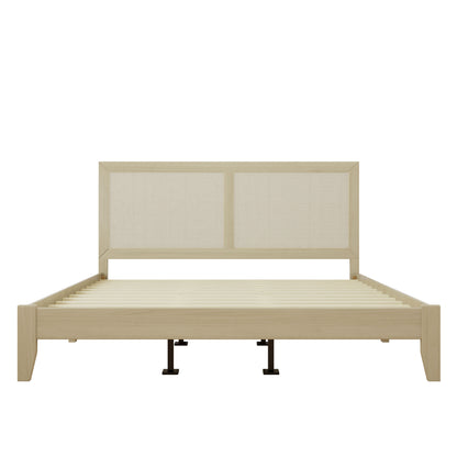 Beige metal bed frame with mesh headboard on a white background