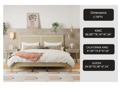 Bedroom with a bed and nightstands, featuring dimensions of King, California King, and Queen beds.
