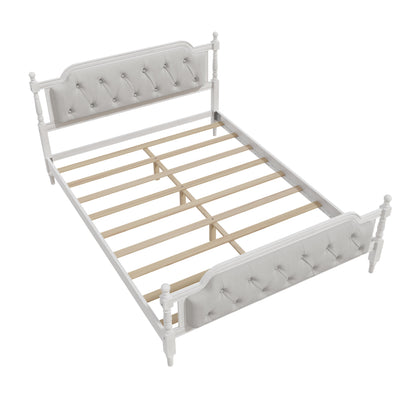 White wooden bed frame with slats on a white background