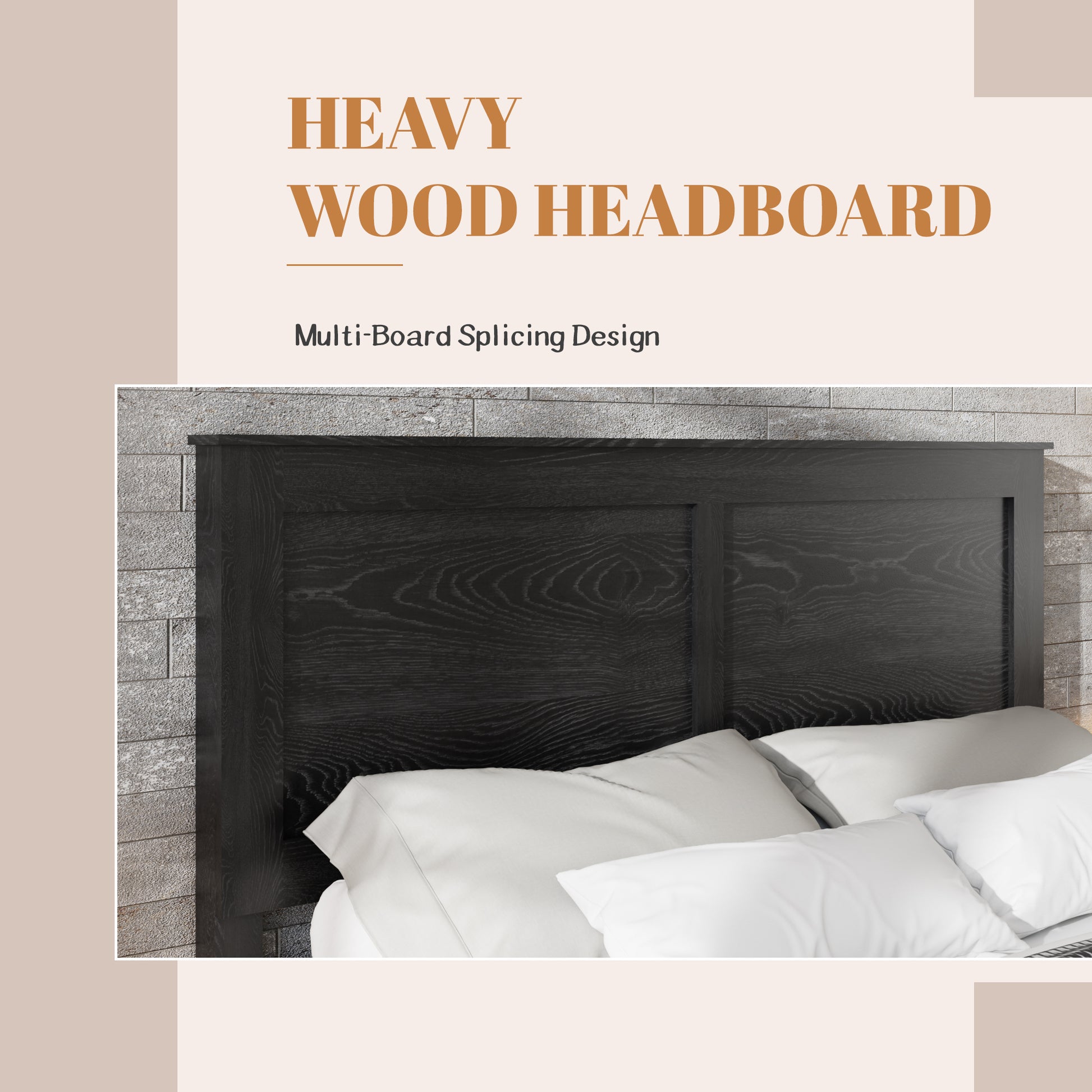 Heavy wood headboard with white bedding against a wooden wall.