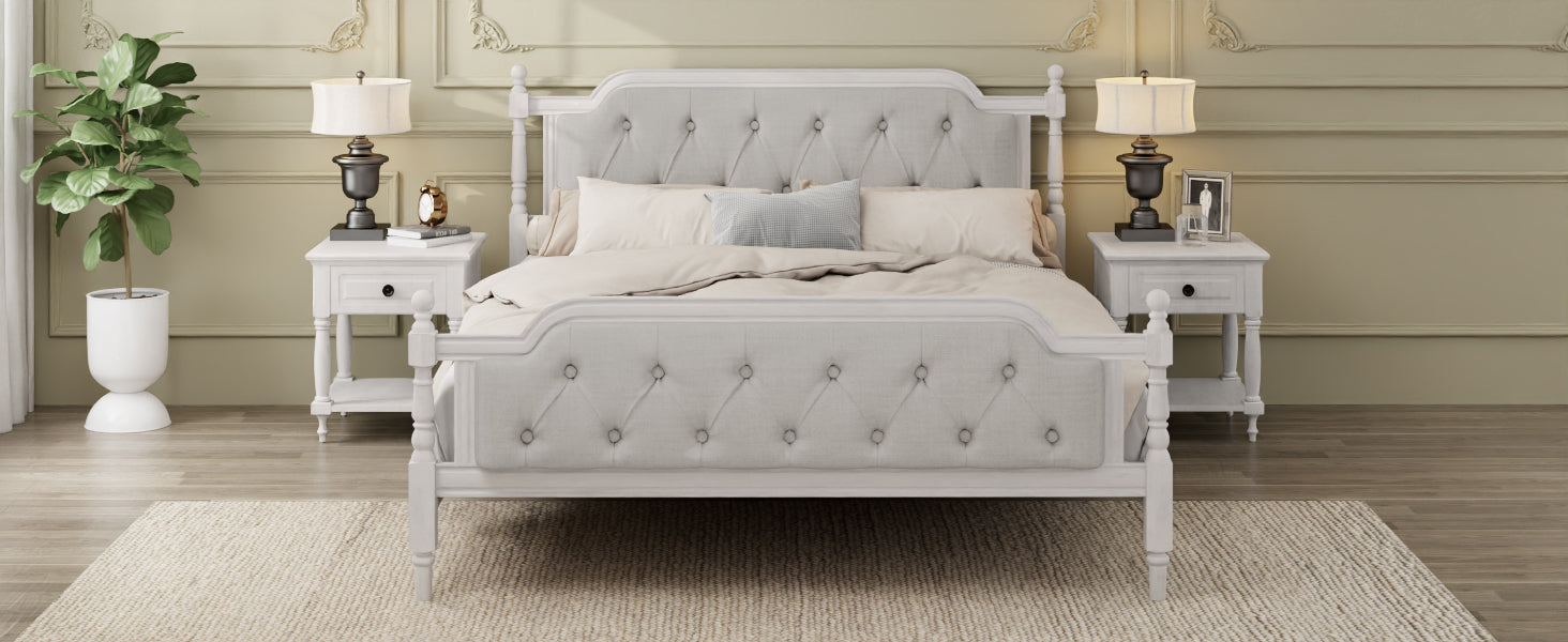Gray upholstered bed in a bedroom setting with nightstands and lamps.