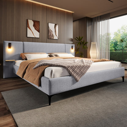 Modern bedroom with a gray upholstered bed, brown throw blanket, and abstract wall art.
