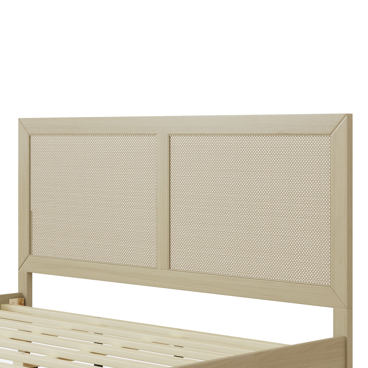 Beige metal headboard with mesh design on a white background