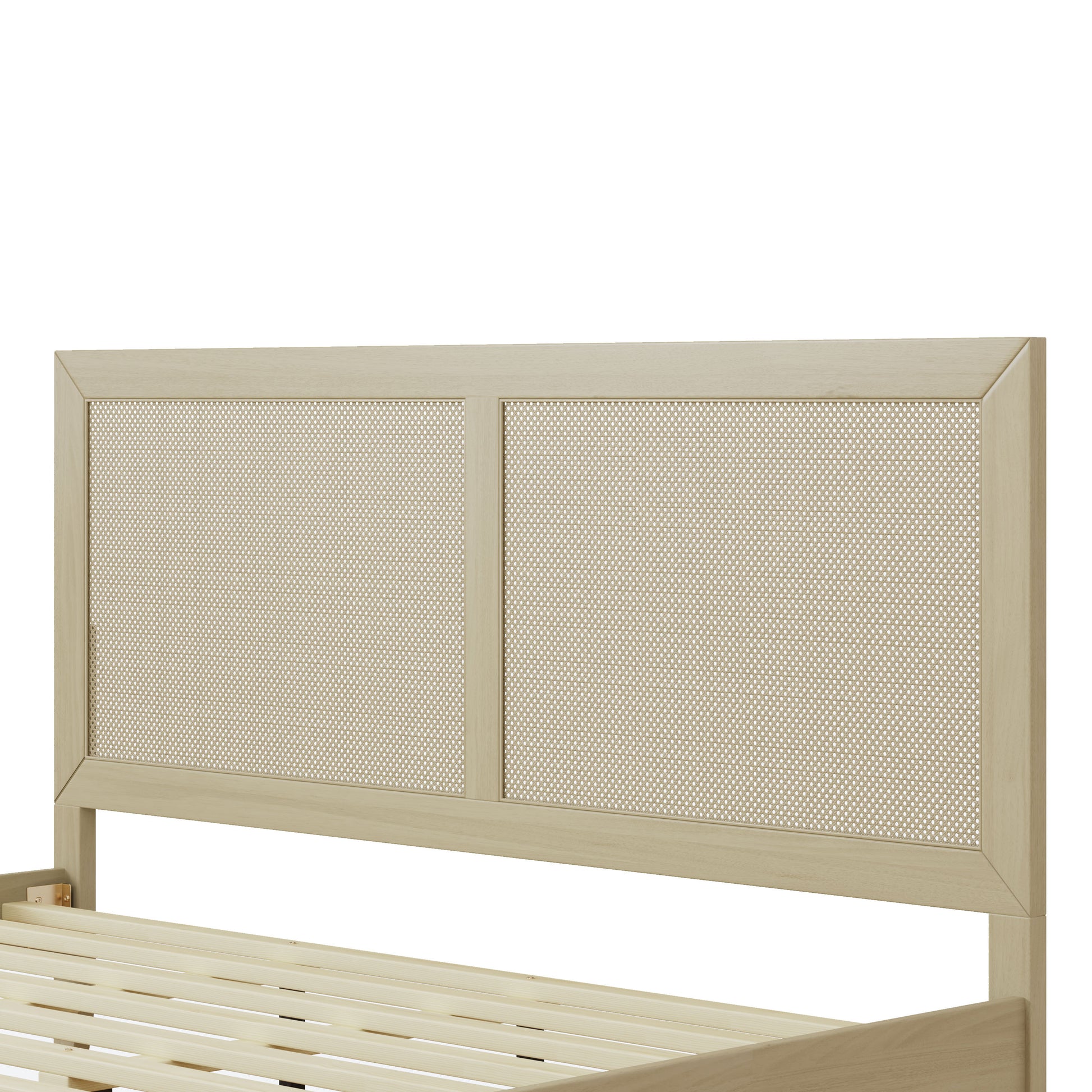 Beige metal headboard with mesh design on a white background