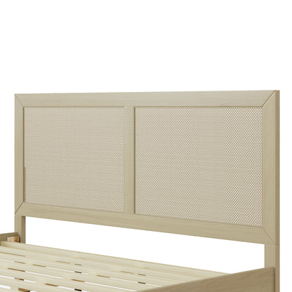 Beige metal headboard with mesh design on a white background