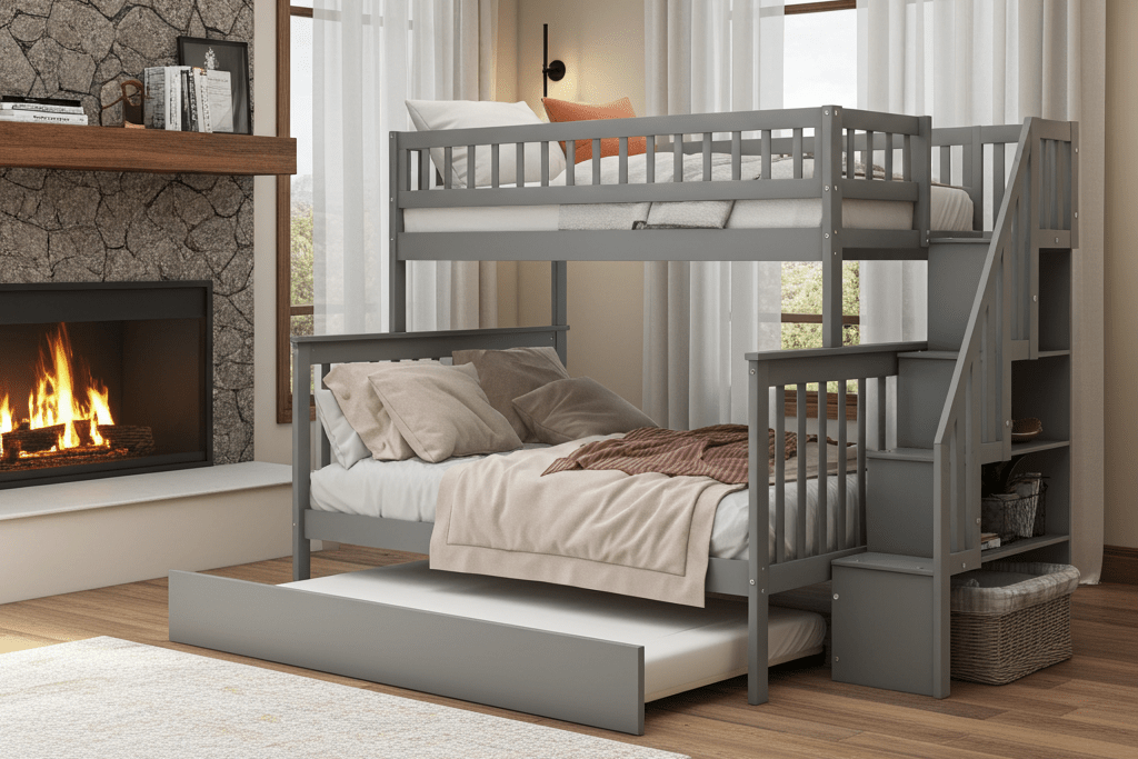 Gray Dream Weaver Bunk Bed - Twin/Full with Trundle & Stairs - Bunk and Bed Co.