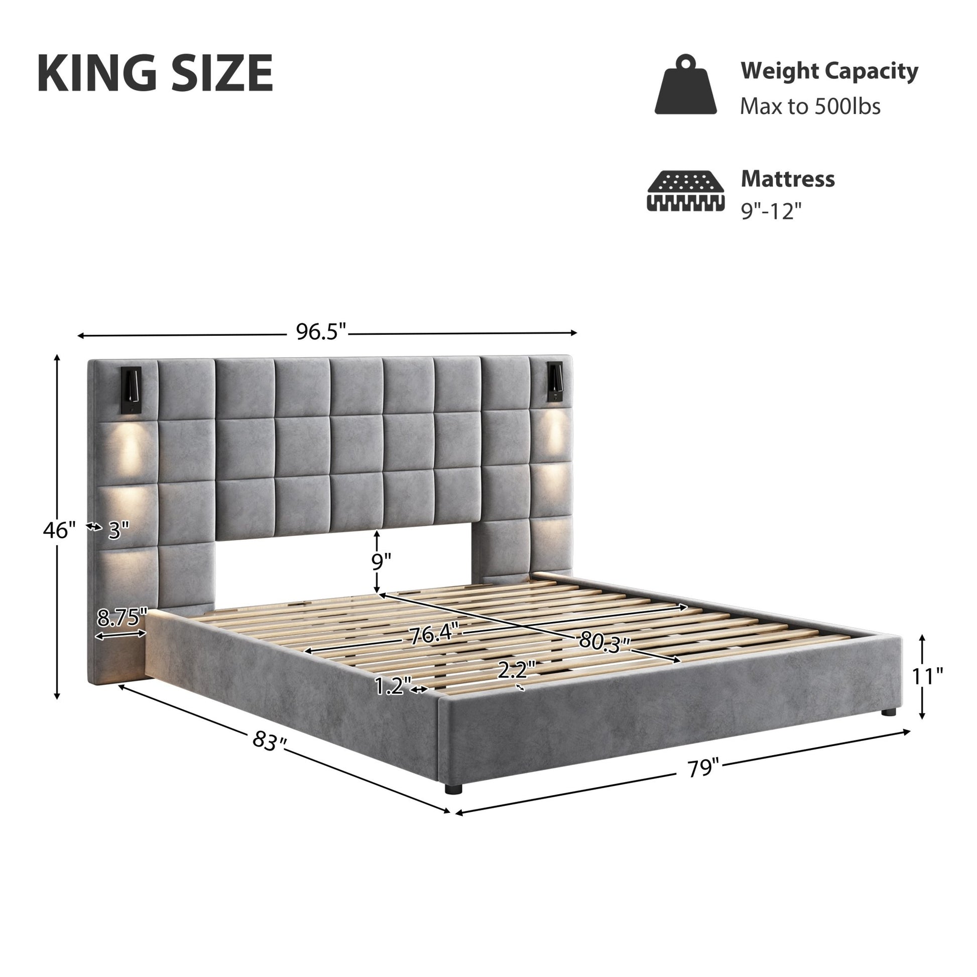 Gray Velvet King Bed with Wall Sconce and USB Port - Bunk and Bed Co.