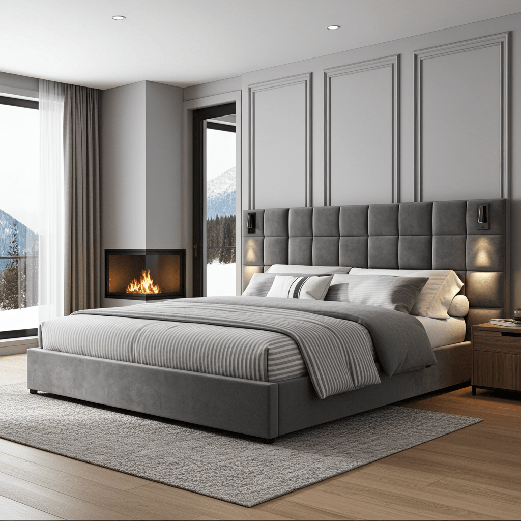 Gray Velvet King Bed with Wall Sconce and USB Port - Bunk and Bed Co.