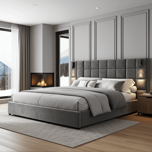 Gray Velvet King Bed with Wall Sconce and USB Port - Bunk and Bed Co.