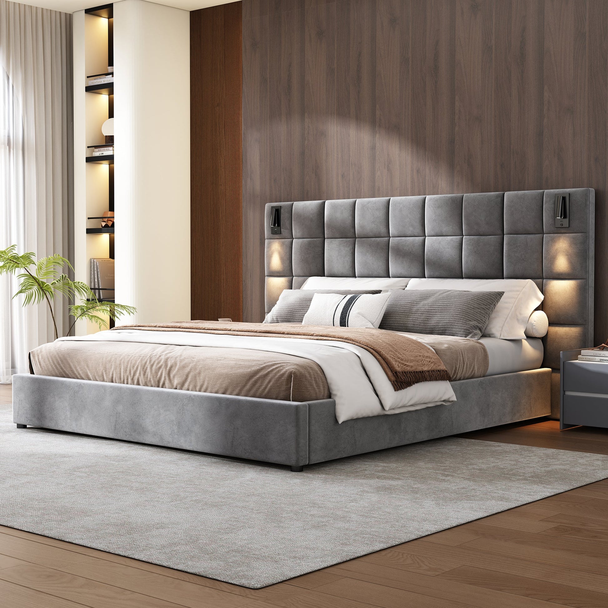 Gray Velvet King Bed with Wall Sconce and USB Port - Bunk and Bed Co.