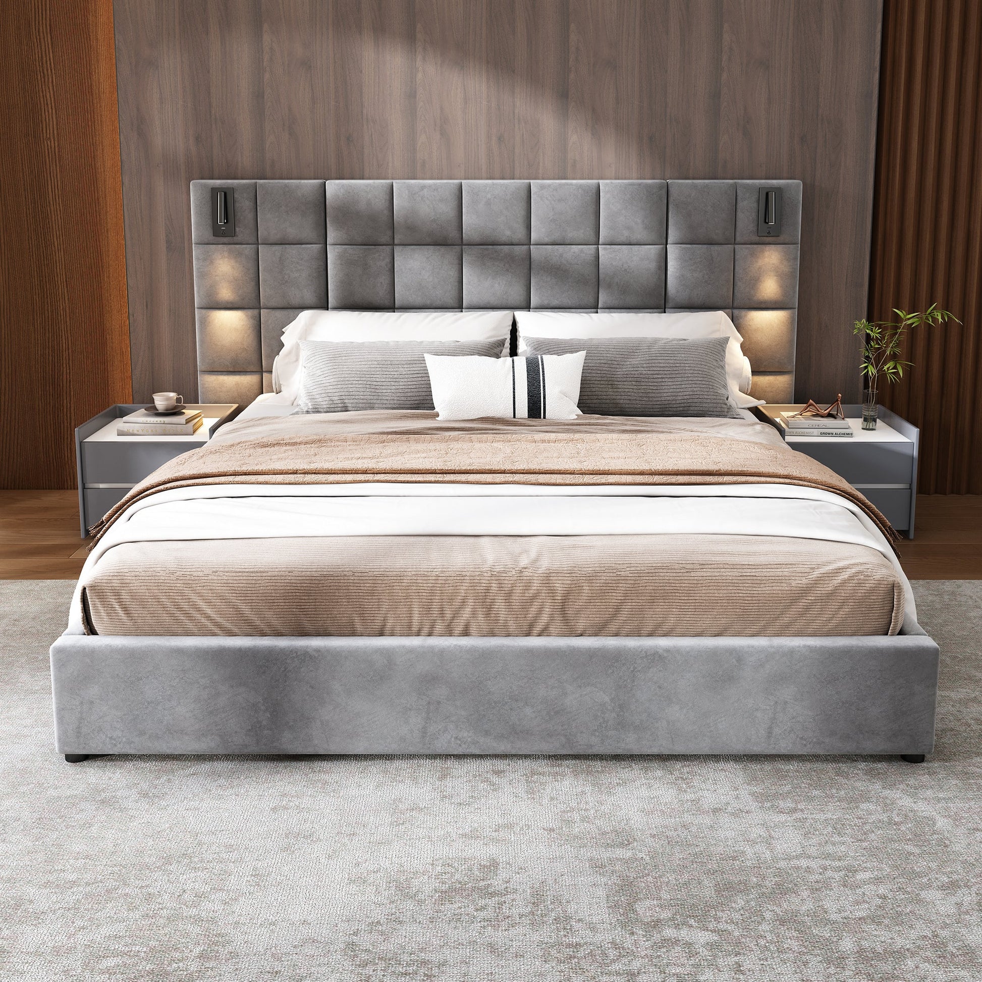 Gray Velvet King Bed with Wall Sconce and USB Port - Bunk and Bed Co.