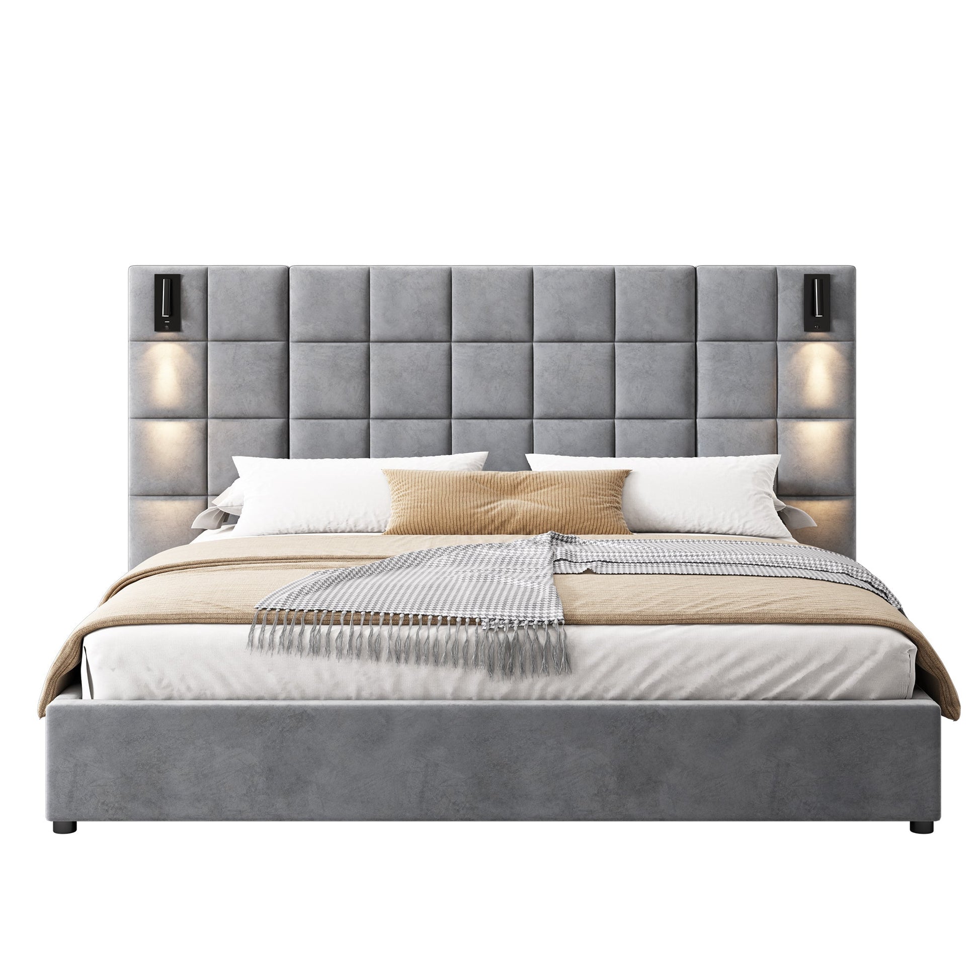 Gray Velvet King Bed with Wall Sconce and USB Port - Bunk and Bed Co.
